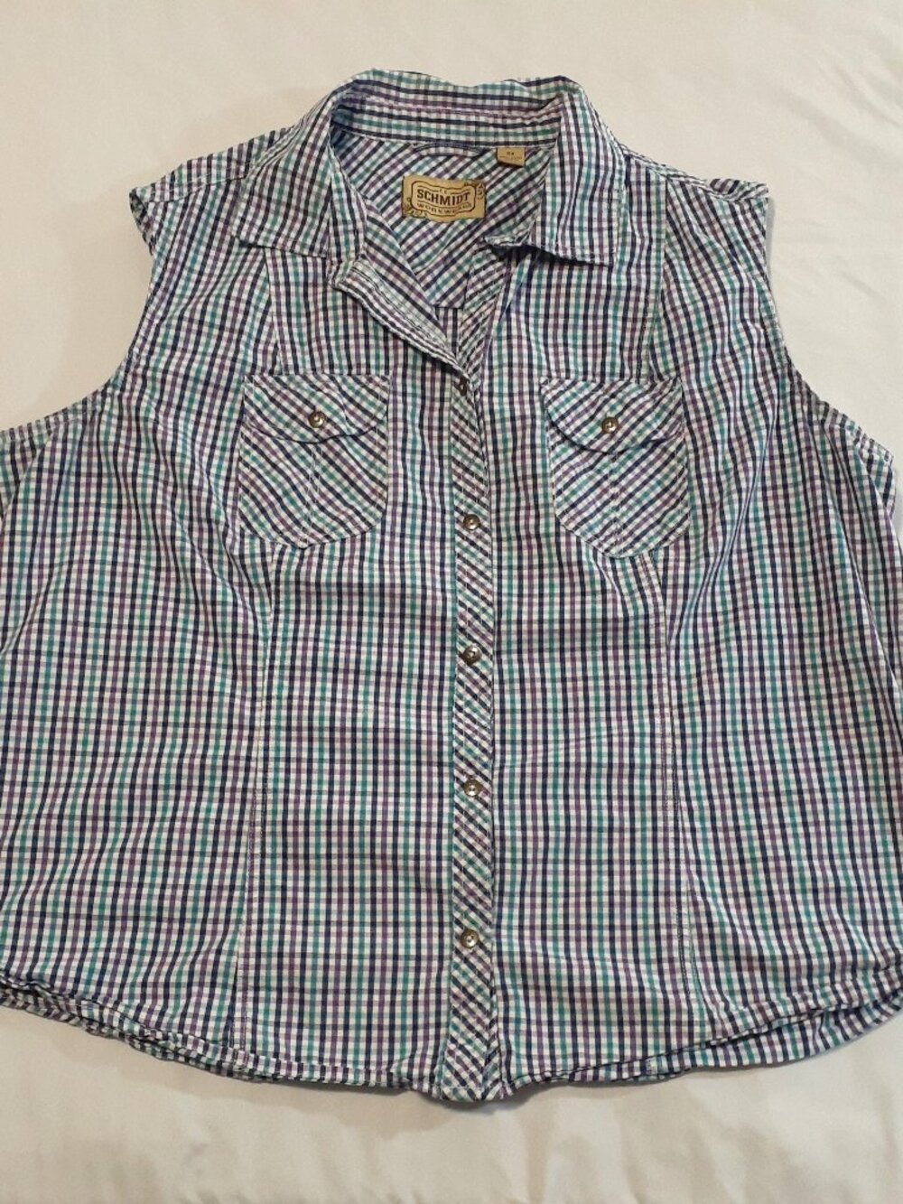 CE Schmidt Workwear Shirt Womens 2X Blue Purple Check Sleeveless Button Pockets